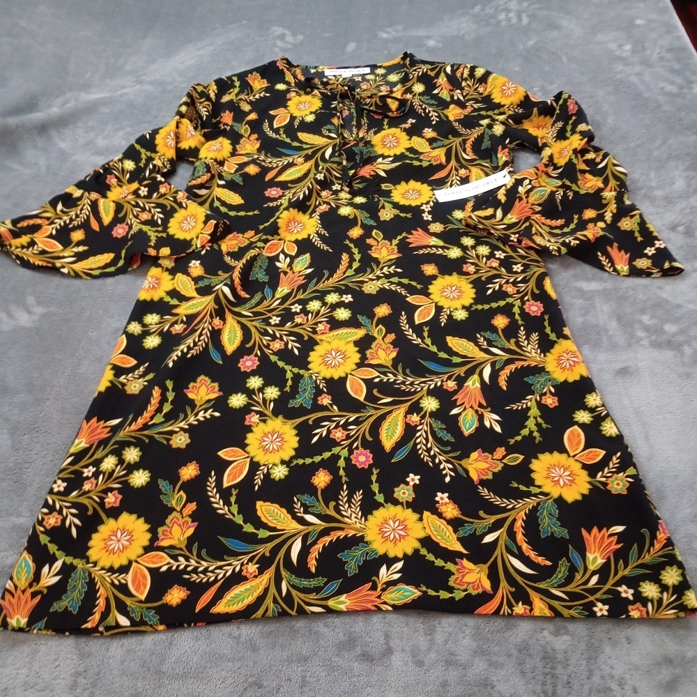 Emma & Michele Shift Dress Womens Medium Black Floral Tie Neck Tassel‎
